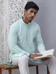 Men's Sky Blue Chikankari Embroidered and Sequence Kurta with Pyjama-JOKP-5094Sky