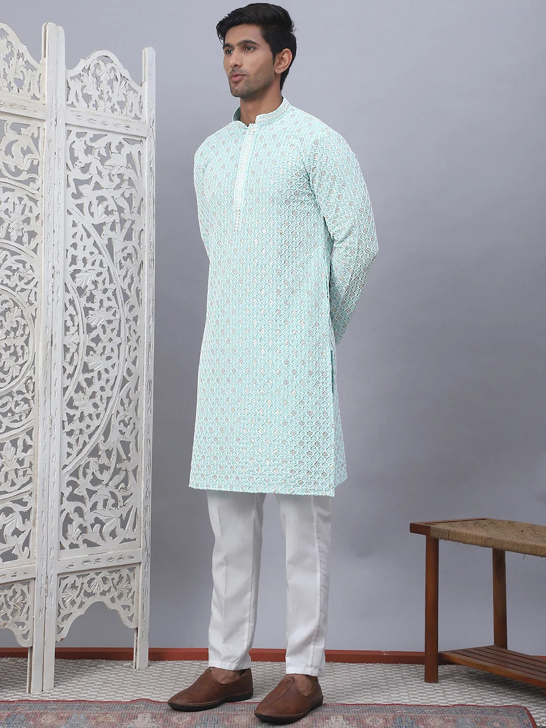 Sky Blue Chikankari Embroidered Mens Kurta Pajama Set