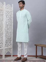 Men's Sky Blue Chikankari Embroidered and Sequence Kurta with Pyjama-JOKP-5094Sky