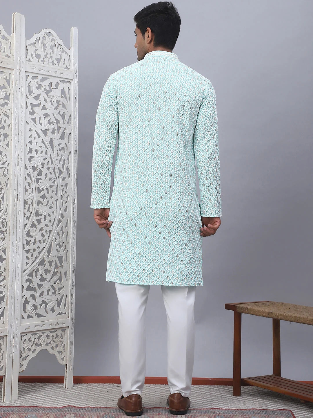 Sky Blue Chikankari Embroidered Mens Kurta Pajama Set
