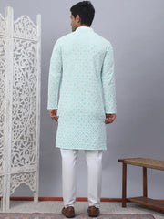 Men's Sky Blue Chikankari Embroidered and Sequence Kurta with Pyjama-JOKP-5094Sky
