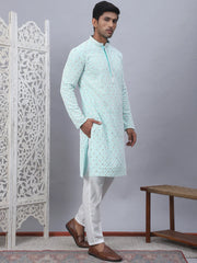 Men's Sky Blue Chikankari Embroidered and Sequence Kurta with Pyjama-JOKP-5094Sky
