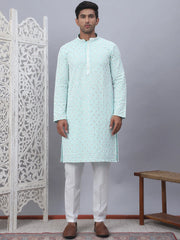 Men's Sky Blue Chikankari Embroidered and Sequence Kurta with Pyjama-JOKP-5094Sky
