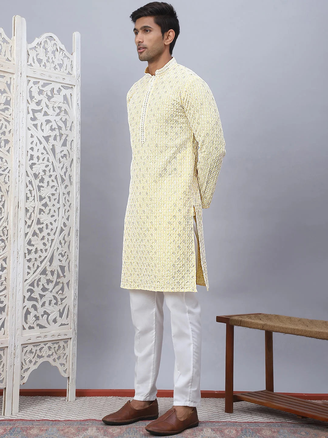 Yellow Chikankari Embroidered Mens Kurta Pajama Set