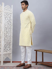 Men's Yellow Chikankari Embroidered and Sequence Kurta with Pyjama-JOKP-5094Yellow