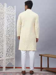 Men's Yellow Chikankari Embroidered and Sequence Kurta with Pyjama-JOKP-5094Yellow