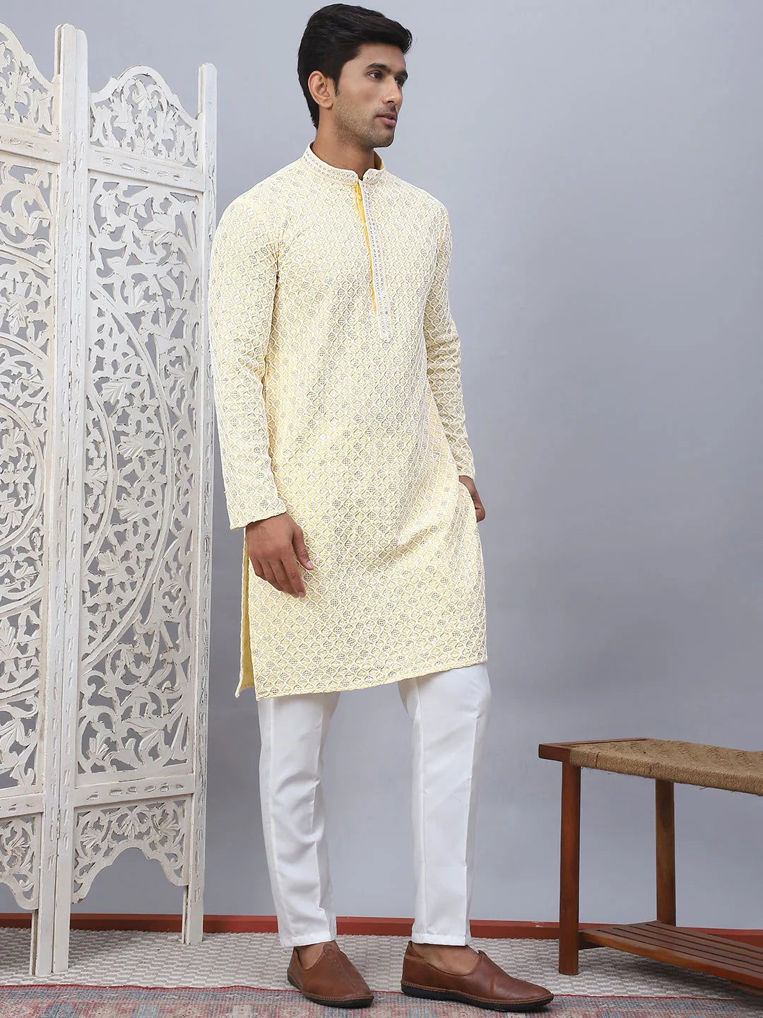 Yellow Chikankari Embroidered Mens Kurta Pajama Set