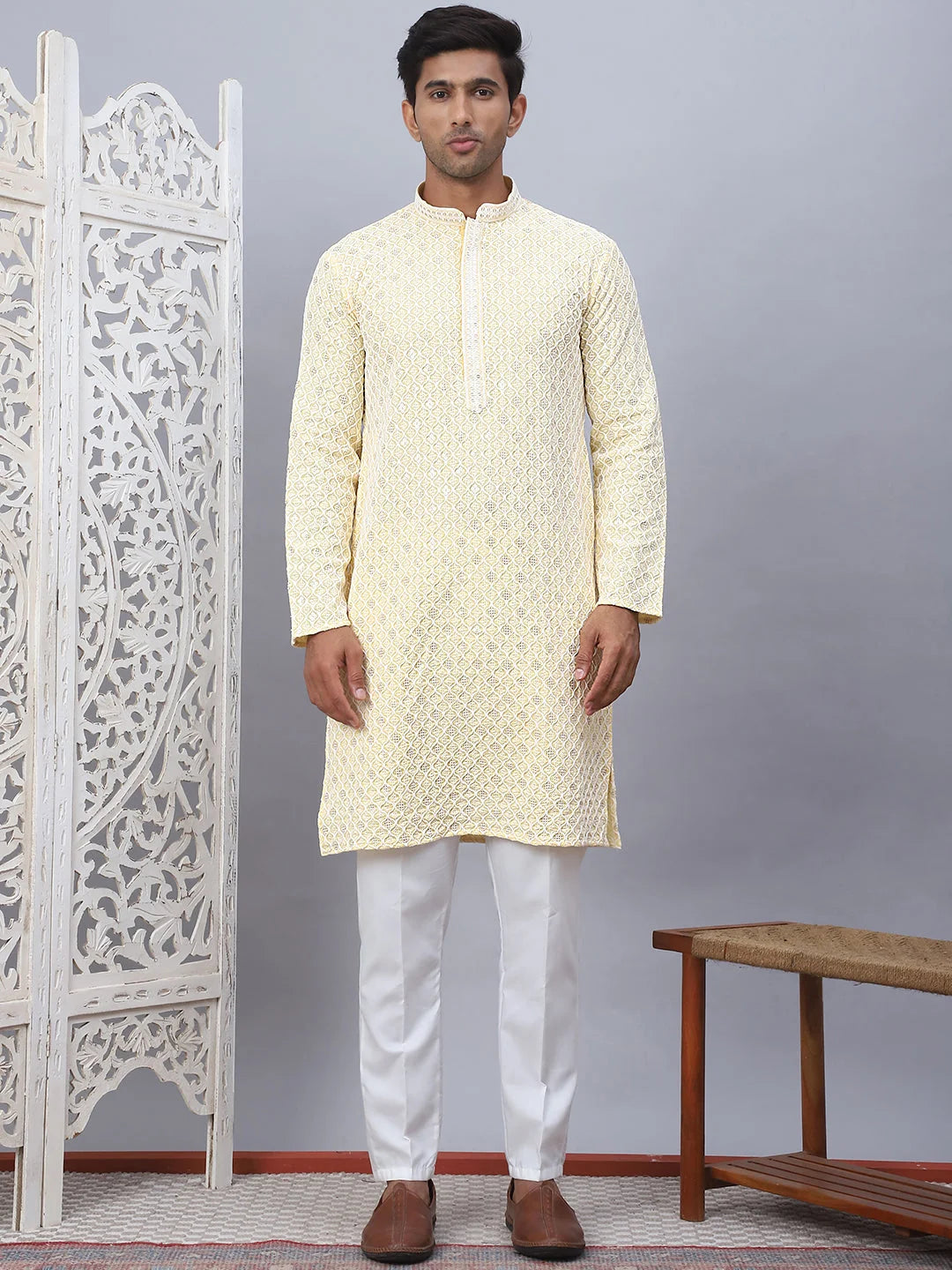 Yellow Chikankari Embroidered Mens Kurta Pajama Set