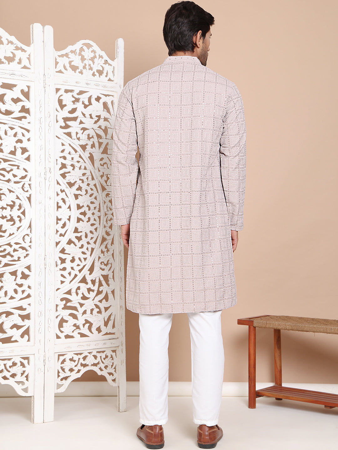 DesiQlo Men Embroidered Kurta Pyjama Set - Grey - JOKP_P_5096Grey_S