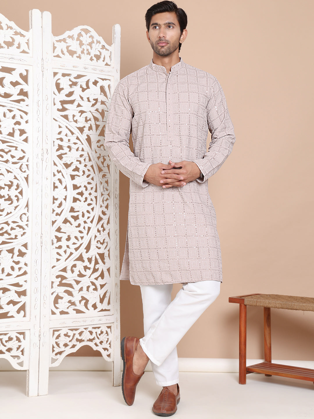 DesiQlo Men Embroidered Kurta Pyjama Set - Grey - JOKP_P_5096Grey_S