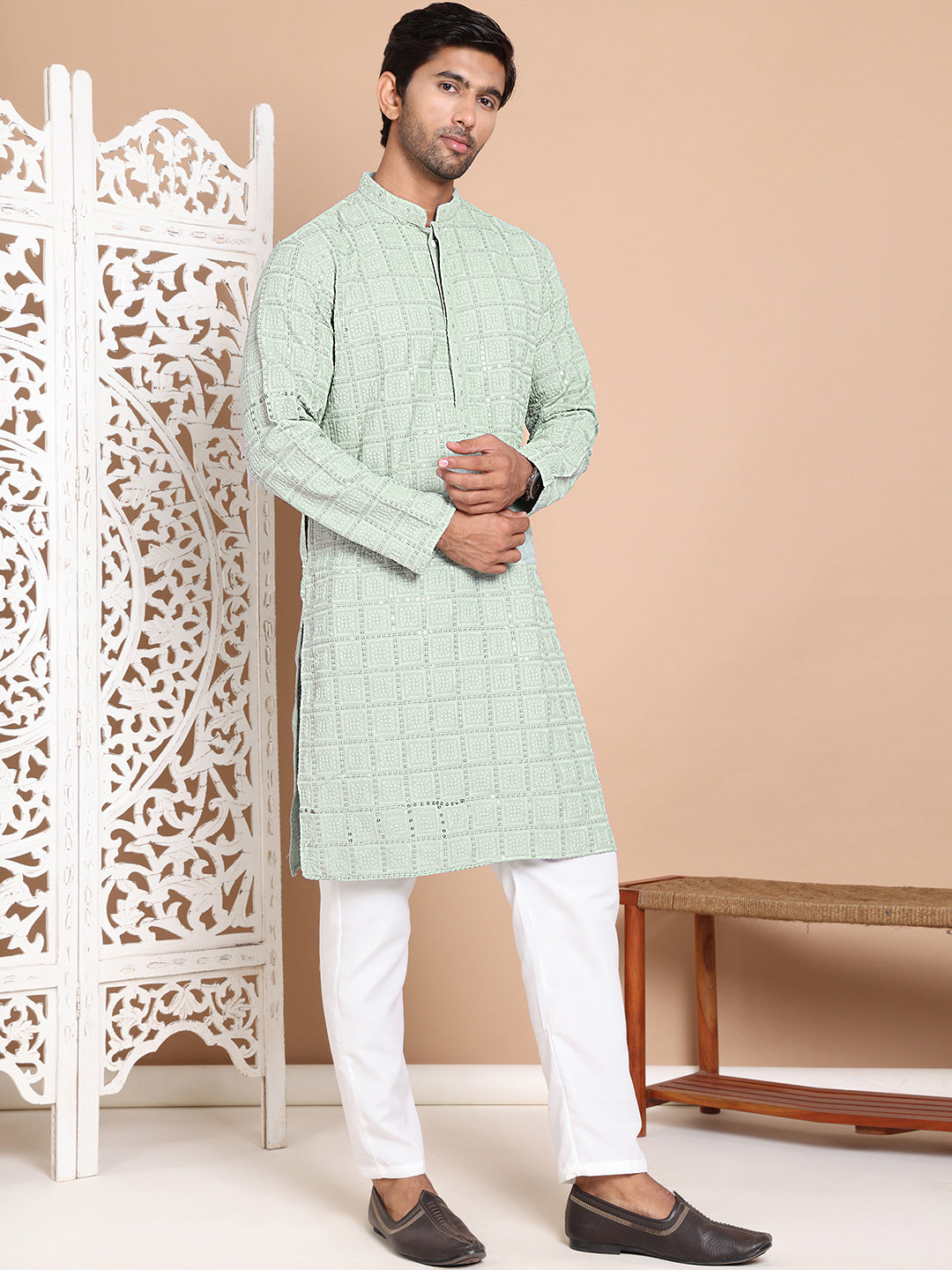 DesiQlo Men Embroidered Kurta Pyjama Set - Green - JOKP_P_5096Pista_S