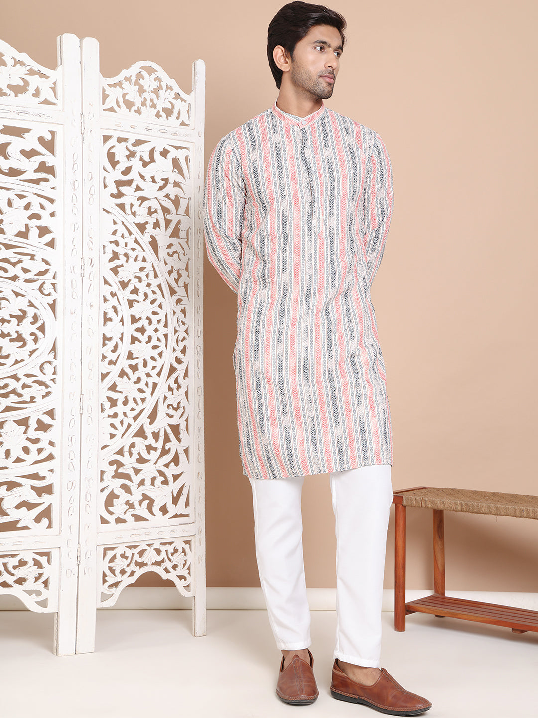 DesiQlo Men Printed Kurta Pyjama Set - Beige - JOKP_P_5097Beige_S