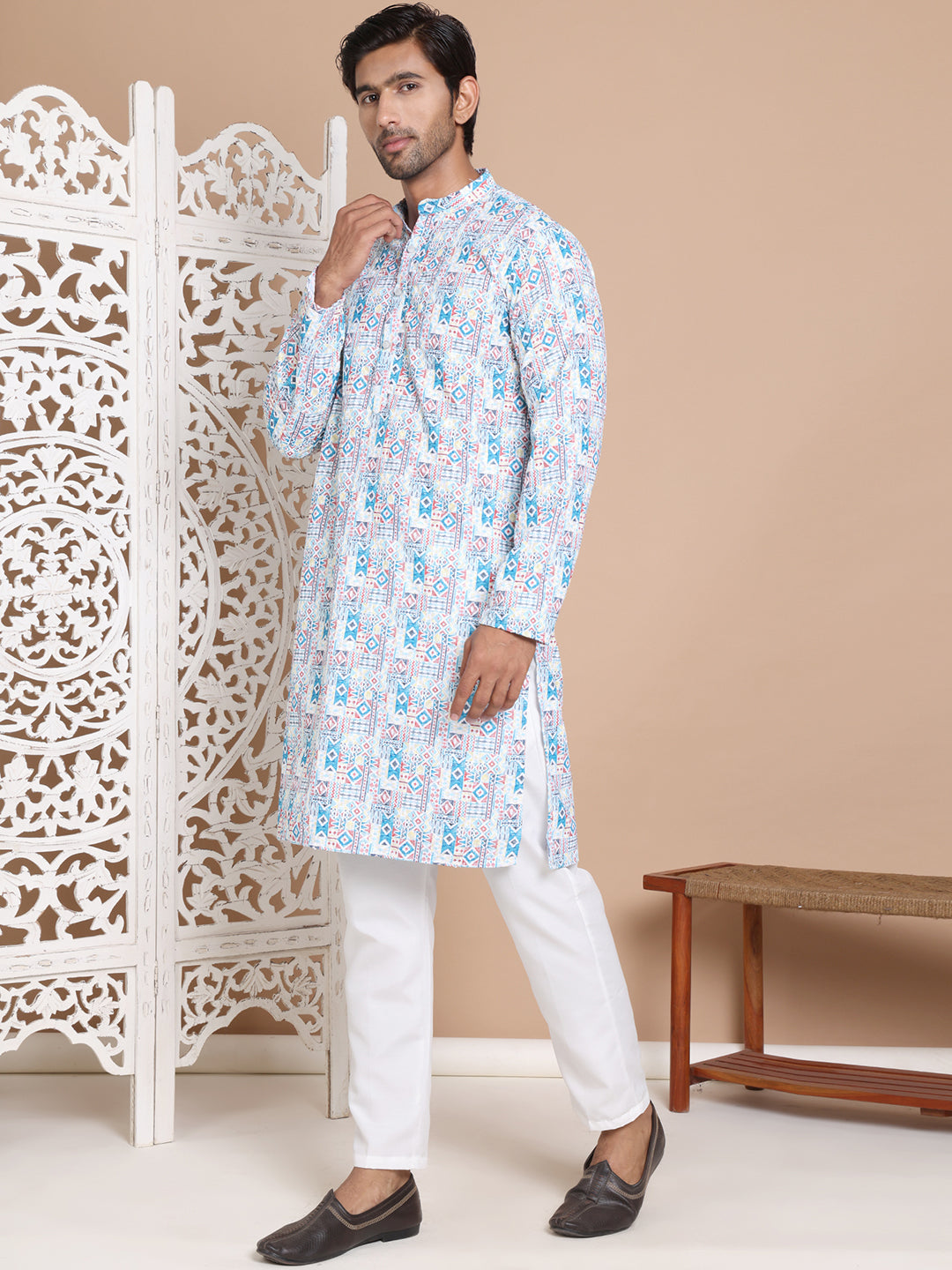 DesiQlo Men Printed Kurta Pyjama Set - Blue - JOKP_P_5097Blue_S