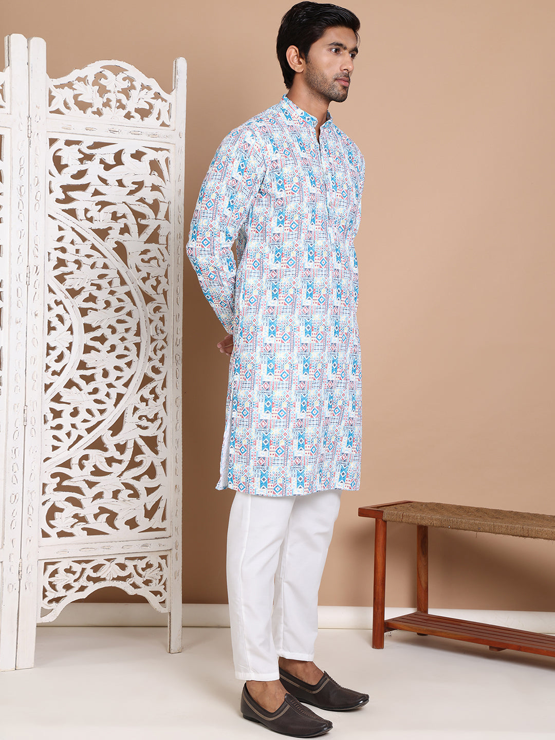 DesiQlo Men Printed Kurta Pyjama Set - Blue - JOKP_P_5097Blue_S