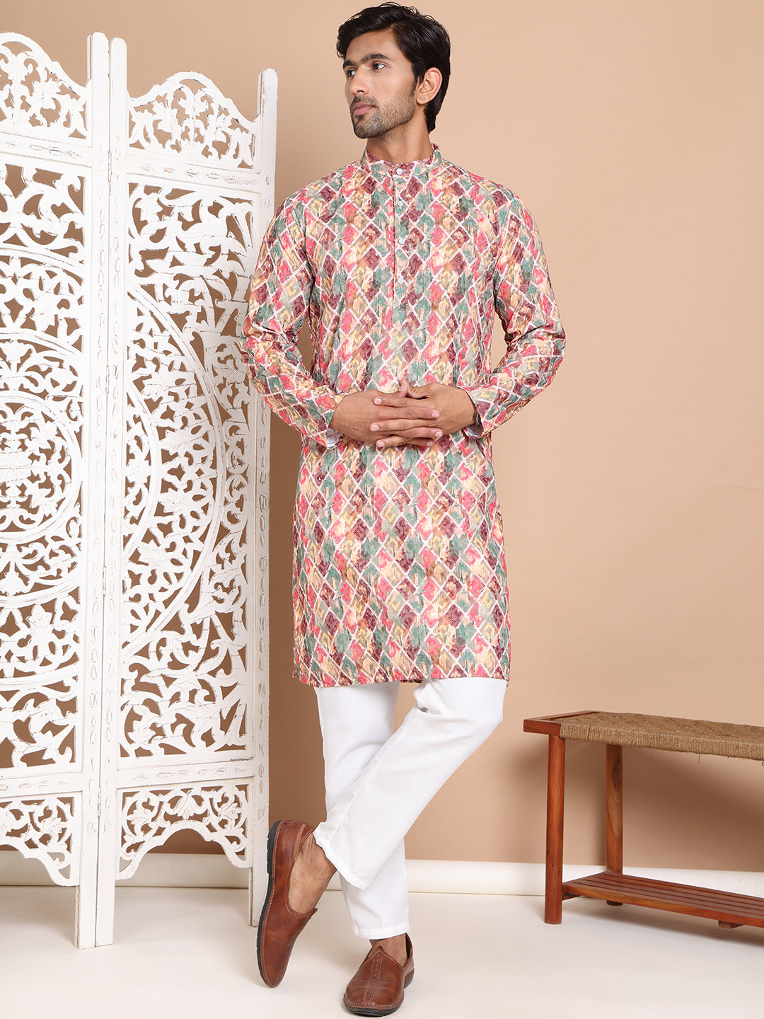 DesiQlo Men Printed Kurta Pyjama Set - Multicolor - JOKP_P_5097Multi_S