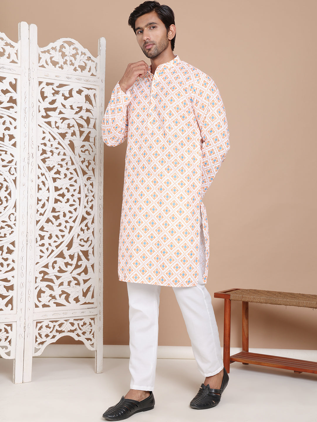 DesiQlo Men Printed Kurta Pyjama Set - Orange - JOKP_P_5097Orange_S