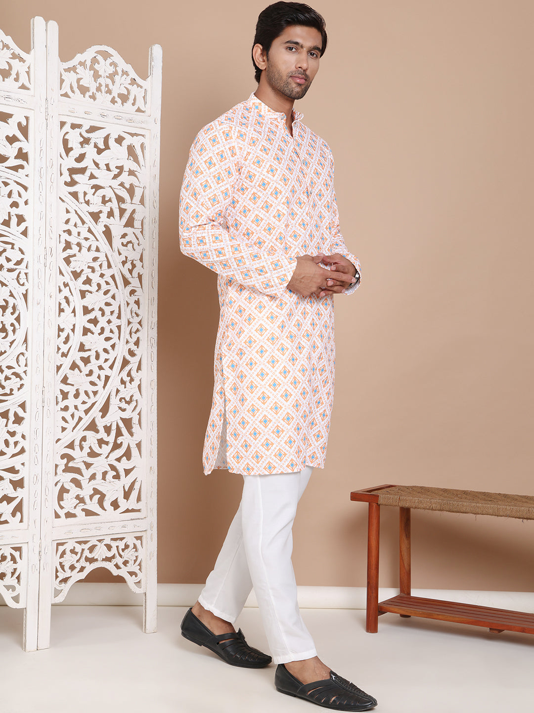 DesiQlo Men Printed Kurta Pyjama Set - Orange - JOKP_P_5097Orange_S