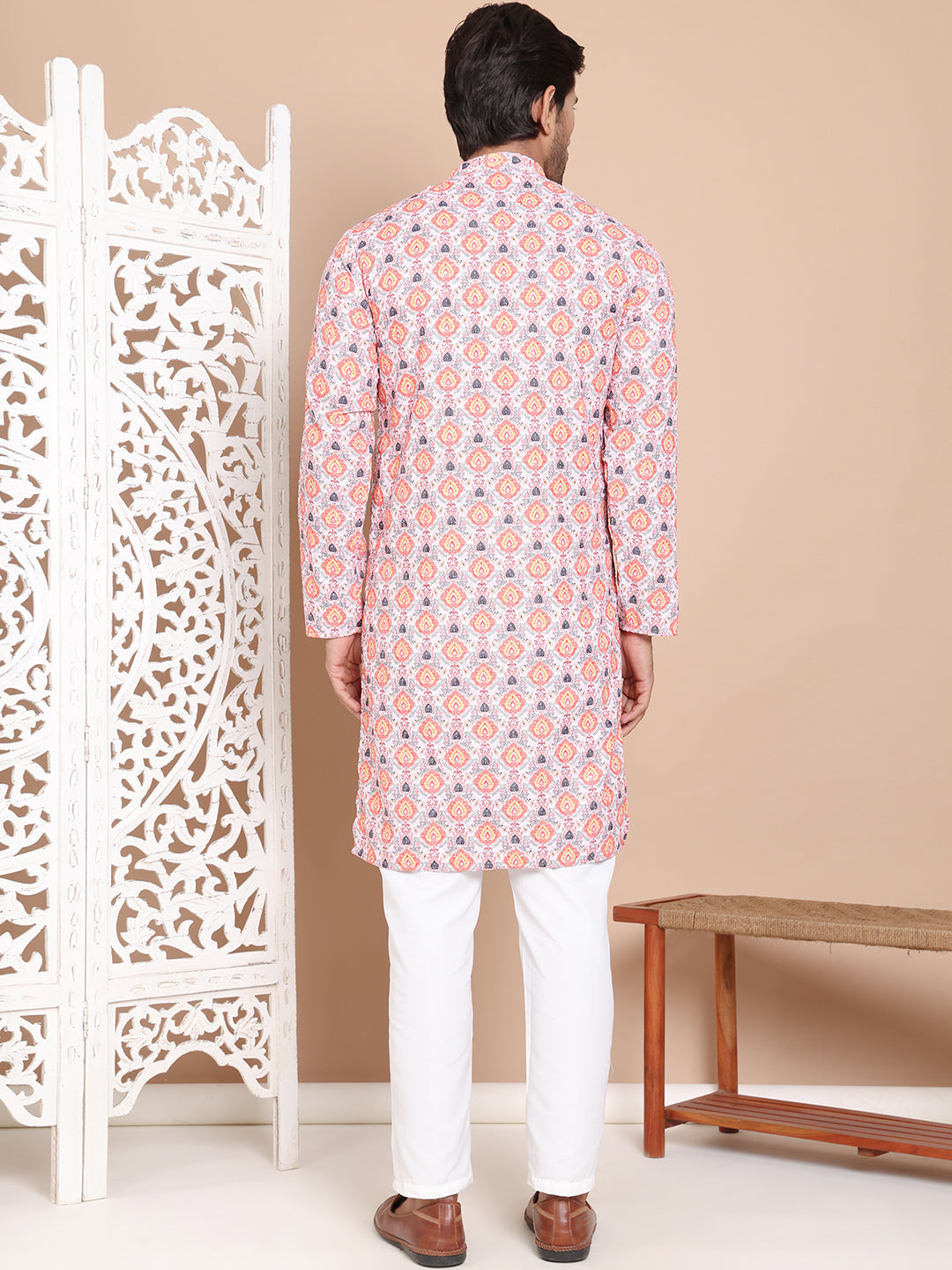 DesiQlo Men Printed Kurta Pyjama Set - Orange - JOKP_P_5097Peach_S