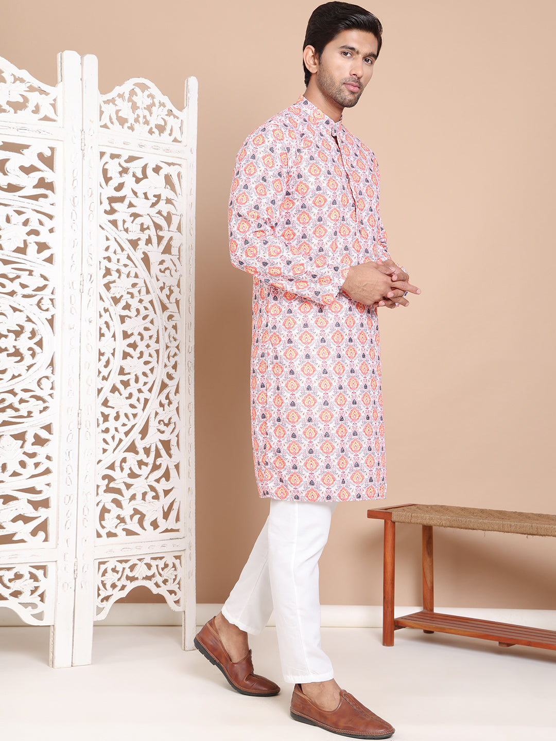 DesiQlo Men Printed Kurta Pyjama Set - Orange - JOKP_P_5097Peach_S