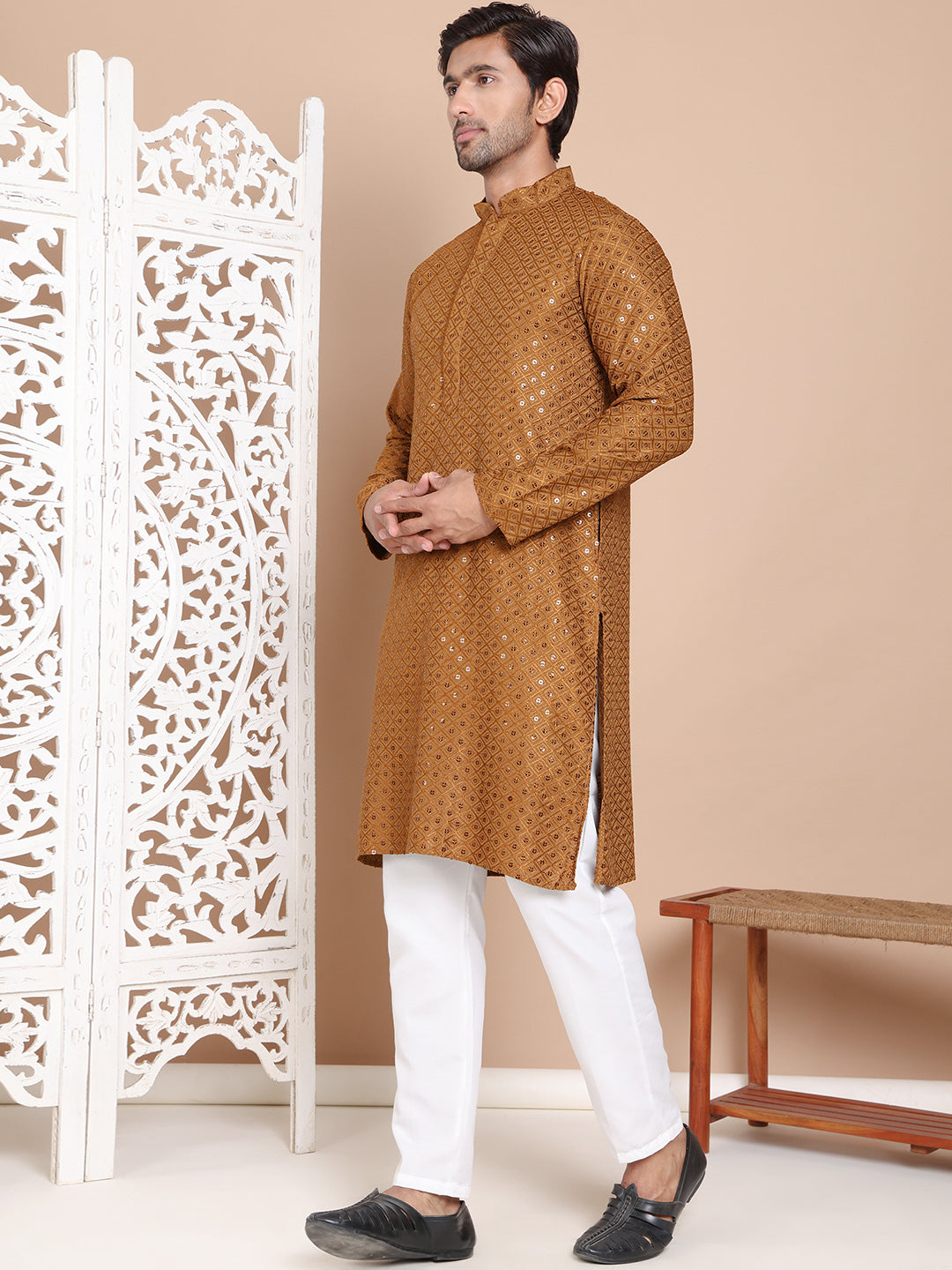 DesiQlo Men Embroidered Kurta Pyjama Set - Yellow - JOKP_P_5098Mustard