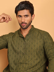Embroidered Cotton Kurta with Pyjama ( JOKP P 5099 Olive ) [FF] [B-13]