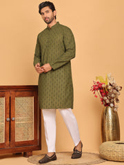 Embroidered Cotton Kurta with Pyjama ( JOKP P 5099 Olive ) [FF] [B-13]