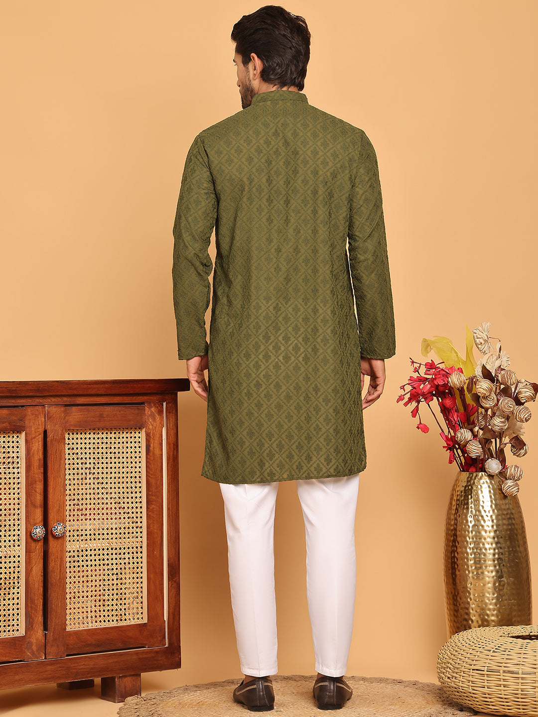 DesiQlo Men Embroidered Kurta Pyjama Set - Green - JOKP_P_5099Olive_S