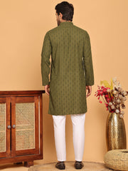 Embroidered Cotton Kurta with Pyjama ( JOKP P 5099 Olive ) [FF] [B-13]