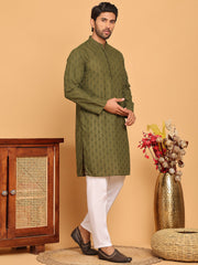 Embroidered Cotton Kurta with Pyjama ( JOKP P 5099 Olive ) [FF] [B-13]