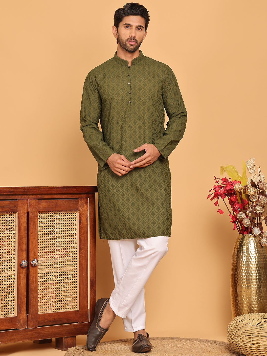 DesiQlo Men Embroidered Kurta Pyjama Set - Green - JOKP_P_5099Olive_S