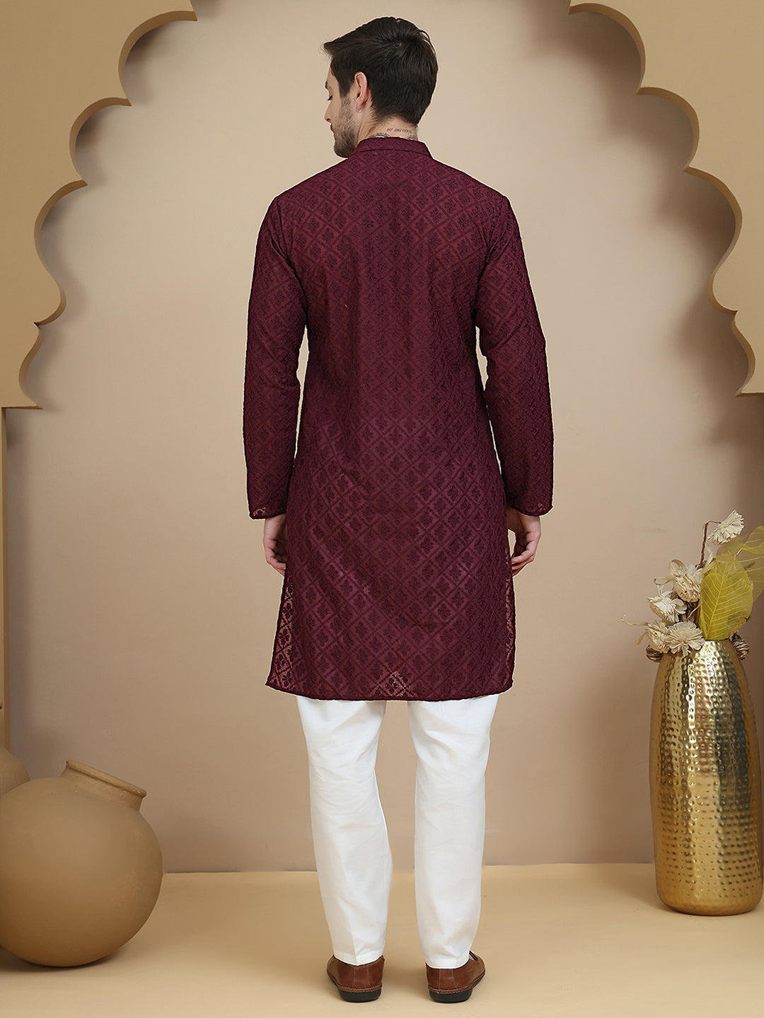 DesiQlo Men Embroidered Kurta Pyjama Set - Purple - JOKP_P_5099Purple_