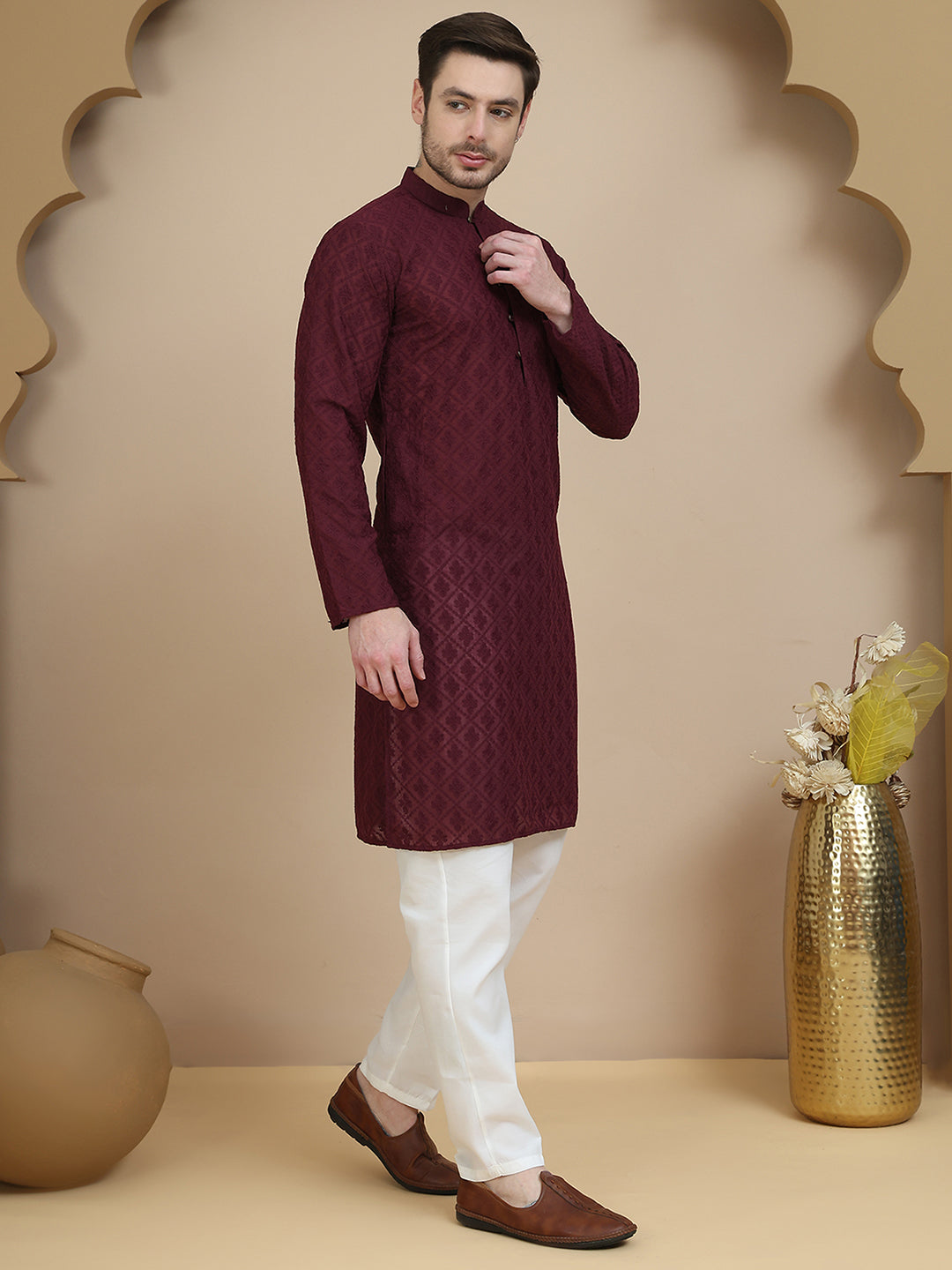 DesiQlo Men Embroidered Kurta Pyjama Set - Purple - JOKP_P_5099Purple_