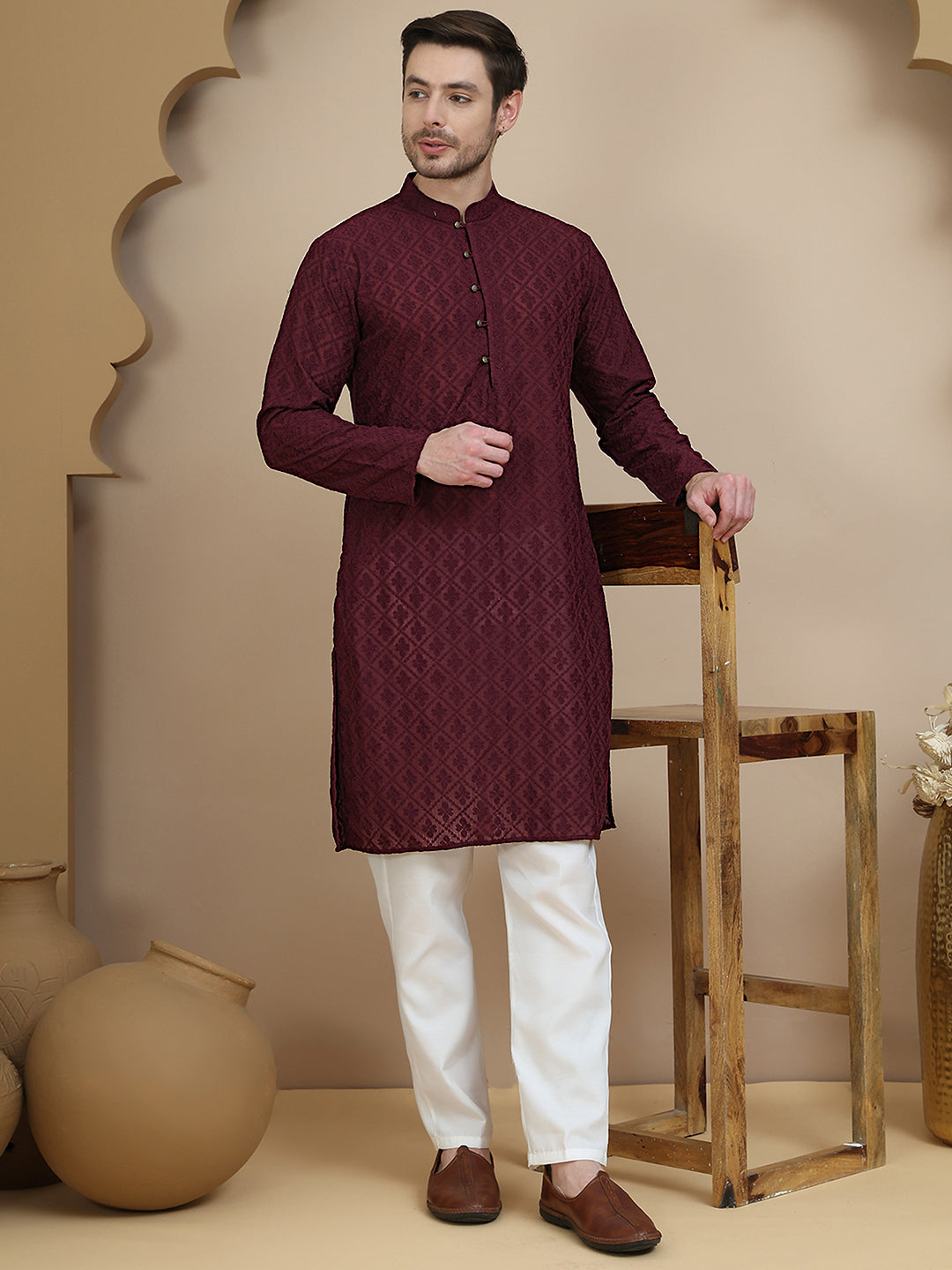 DesiQlo Men Embroidered Kurta Pyjama Set - Purple - JOKP_P_5099Purple_