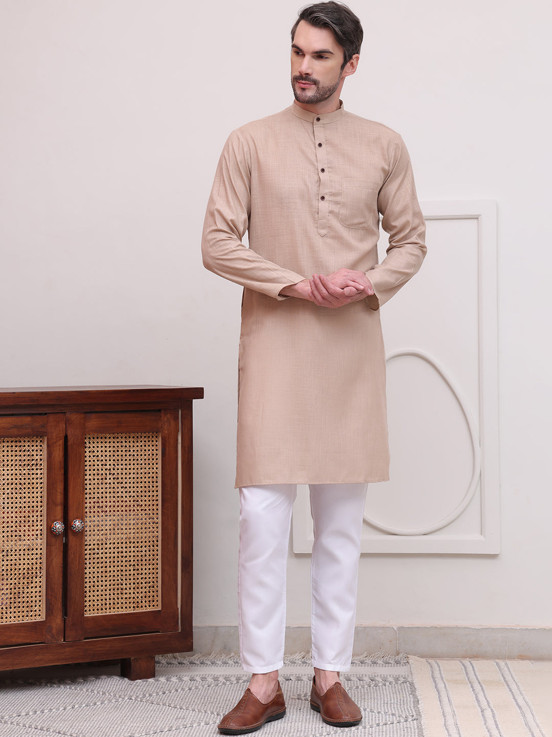 DesiQlo Men Solid Kurta Pyjama Set - Beige - JOKP_P_5101Beige_S