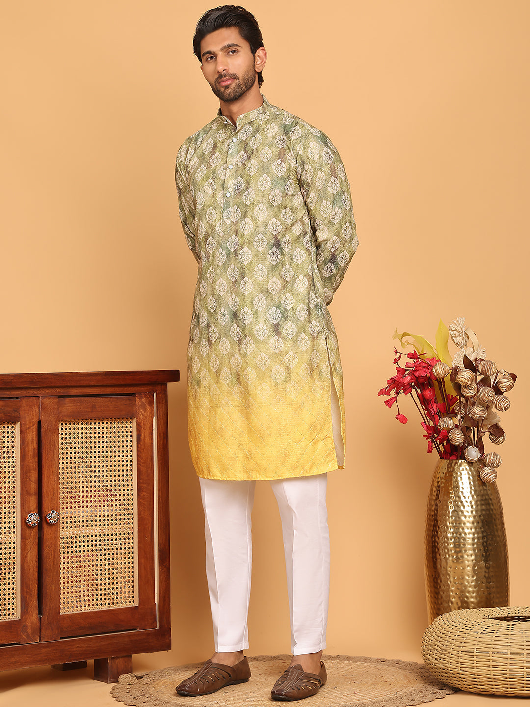 DesiQlo Men Embroidered Kurta Pyjama Set - Green - JOKP_P_5104Green_S