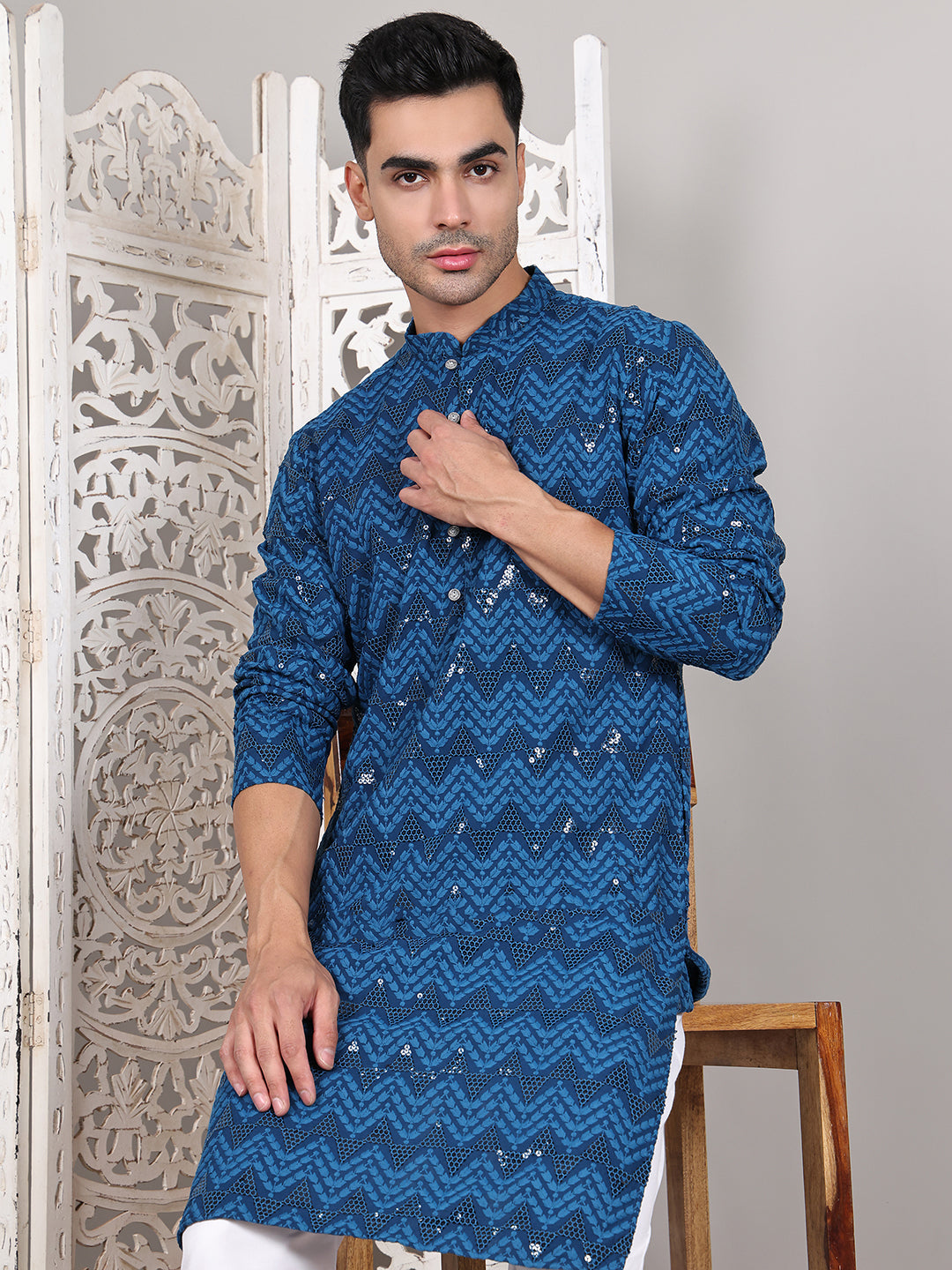 DesiQlo Men Embroidered Kurta Pyjama Set - Multicolor - JOKP_P_5107Pea