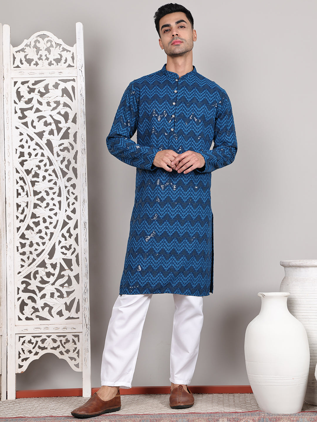 DesiQlo Men Embroidered Kurta Pyjama Set - Multicolor - JOKP_P_5107Pea