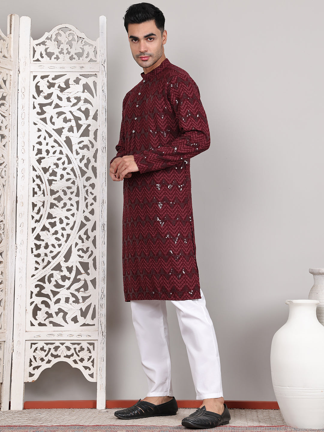 DesiQlo Men Embroidered Kurta Pyjama Set - Maroon - JOKP_P_5107Wine_S
