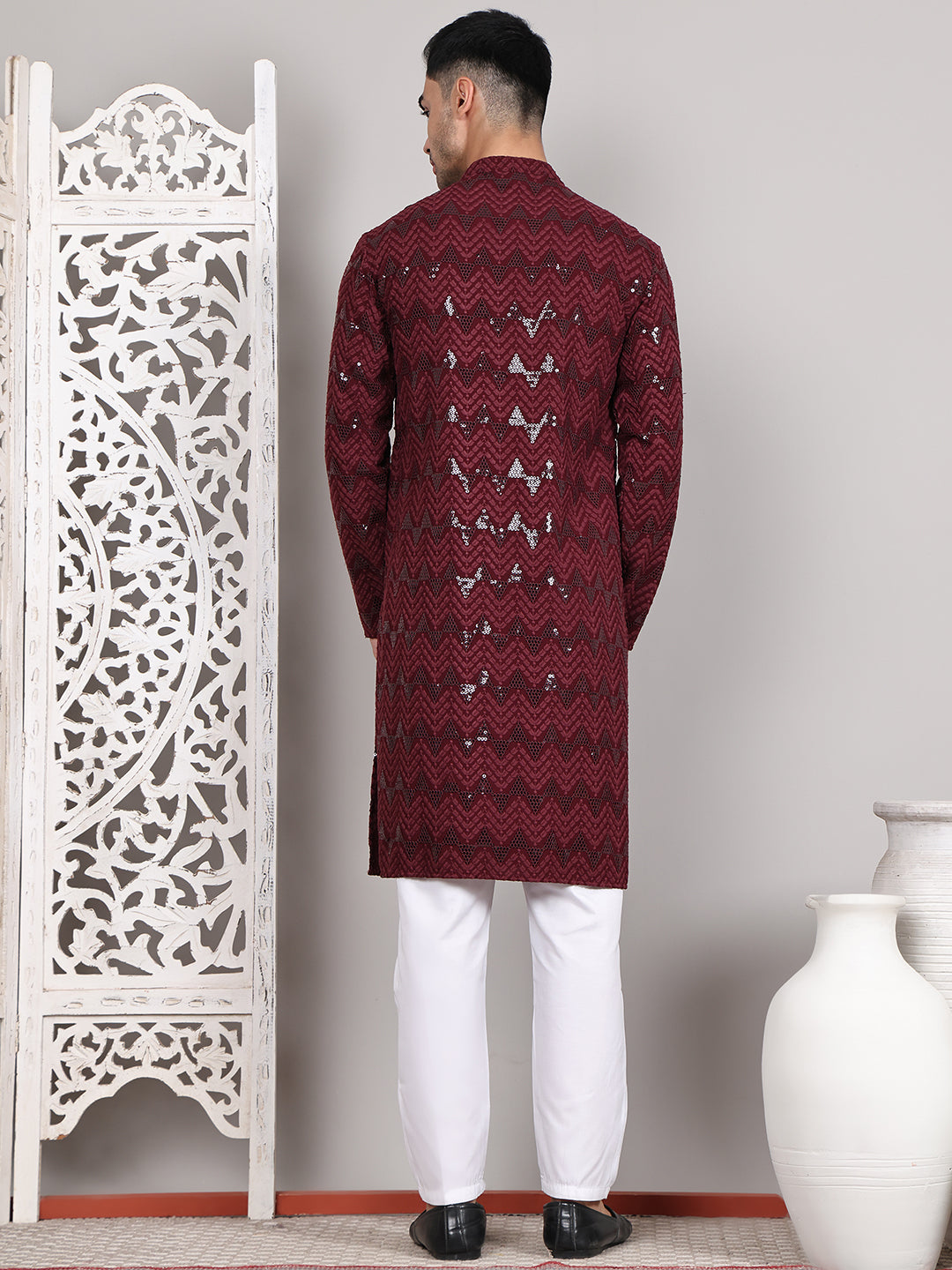 DesiQlo Men Embroidered Kurta Pyjama Set - Maroon - JOKP_P_5107Wine_S