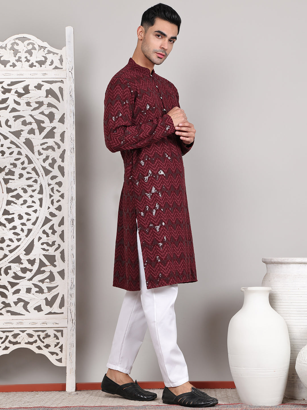 DesiQlo Men Embroidered Kurta Pyjama Set - Maroon - JOKP_P_5107Wine_S