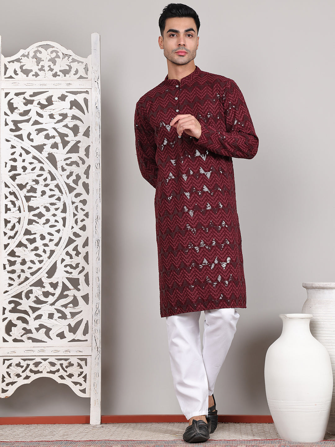 DesiQlo Men Embroidered Kurta Pyjama Set - Maroon - JOKP_P_5107Wine_S