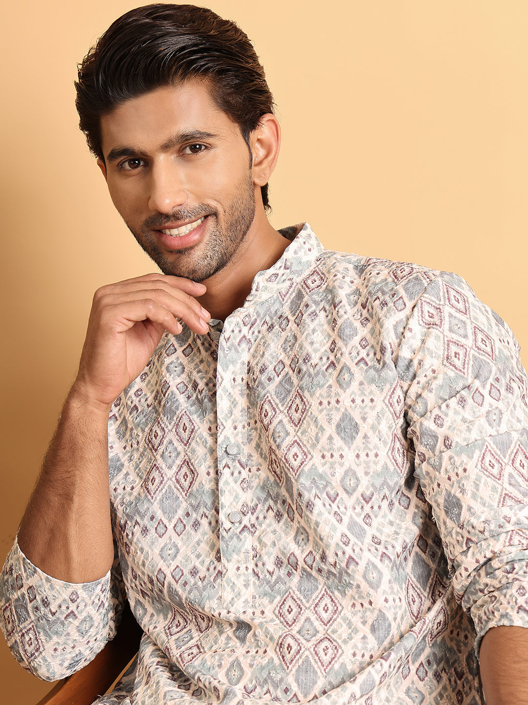 DesiQlo Men Embroidered Kurta Pyjama Set - White - JOKP_P_5109Off-Whit