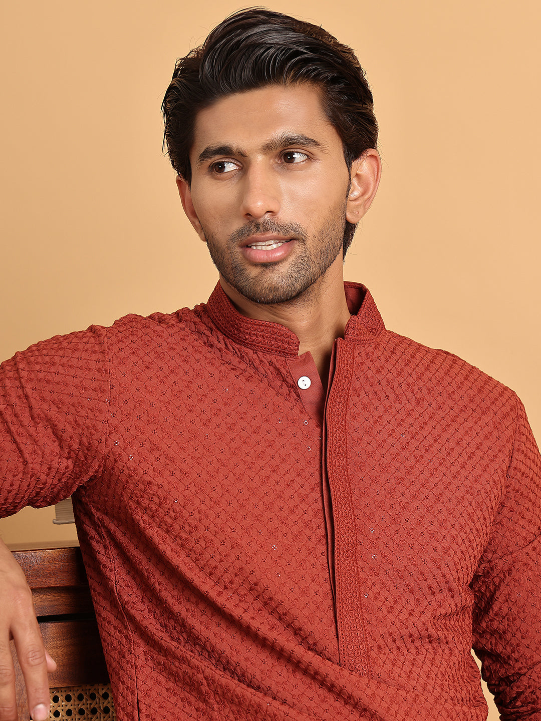 Sequins & Embroidered Viscose Kurta Set For Men ( JOKP P 5113Rust ) [FF] [C-10-11]