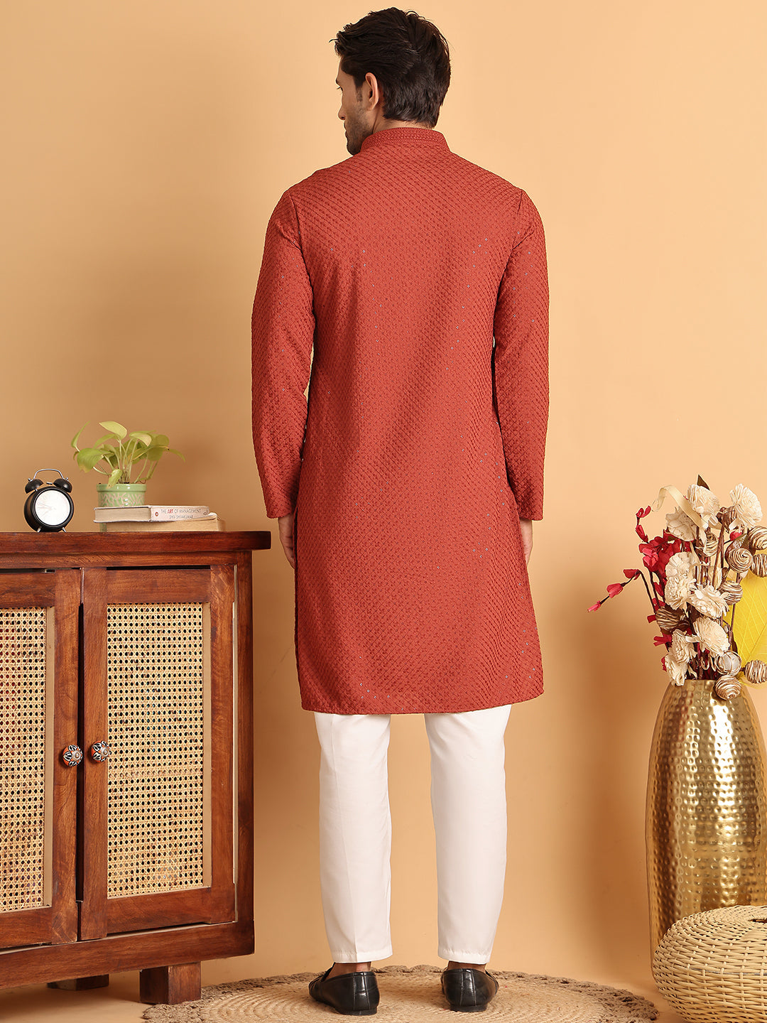 DesiQlo Men Embroidered Kurta Pyjama Set - Red - JOKP_P_5113Rust_S