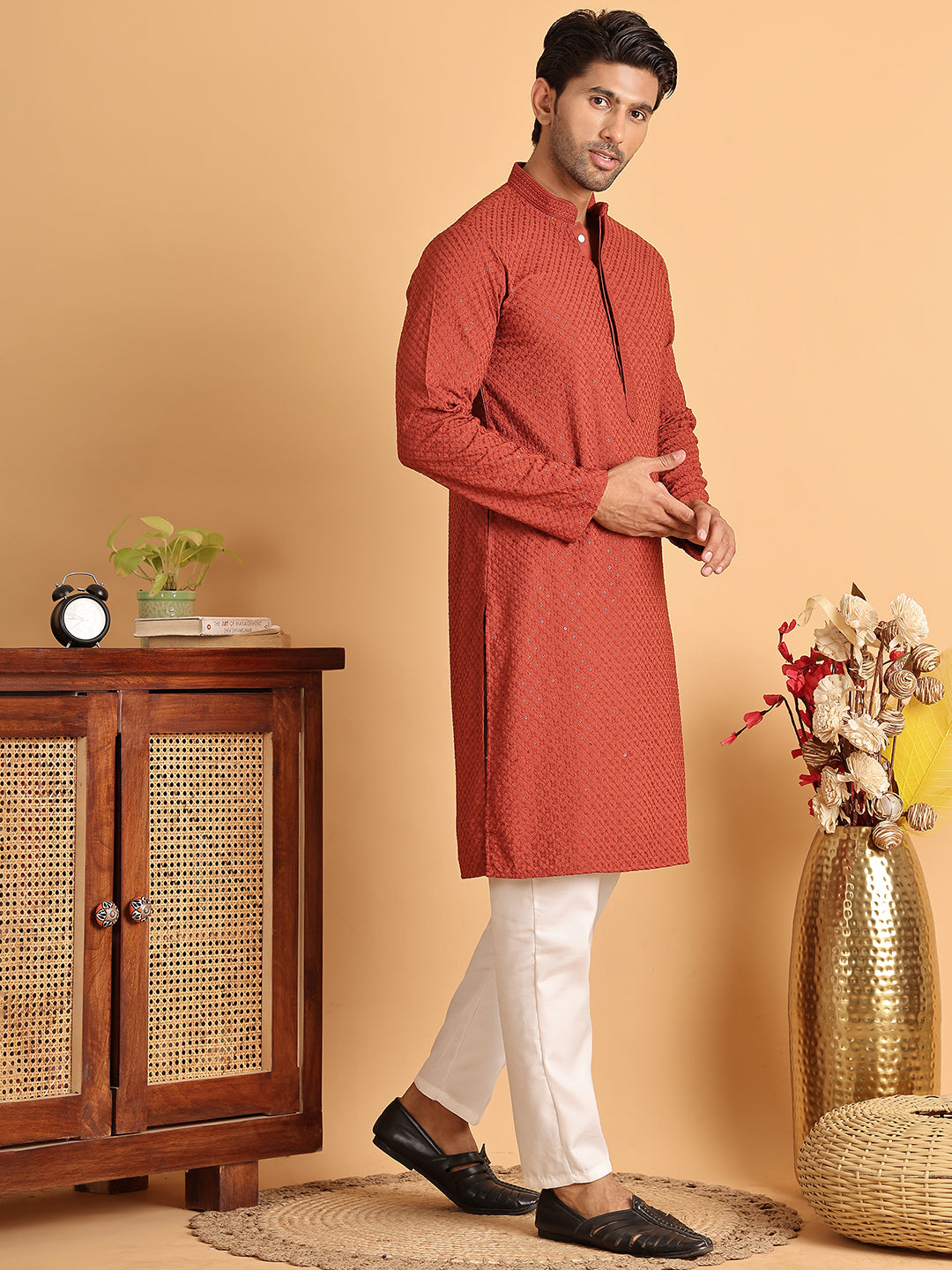 DesiQlo Men Embroidered Kurta Pyjama Set - Red - JOKP_P_5113Rust_S