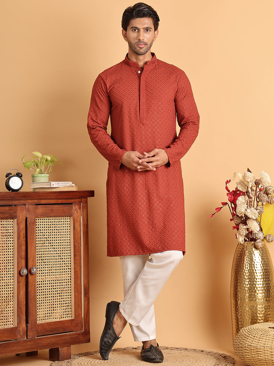 DesiQlo Men Embroidered Kurta Pyjama Set - Red - JOKP_P_5113Rust_S