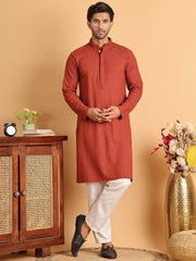 Sequins & Embroidered Viscose Kurta Set For Men ( JOKP P 5113Rust ) [FF] [C-10-11]