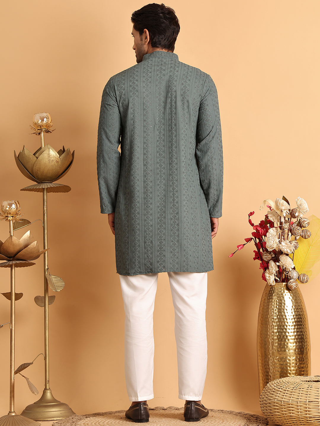 DesiQlo Men Embroidered Kurta Pyjama Set - Grey - JOKP_P_5116Grey_S