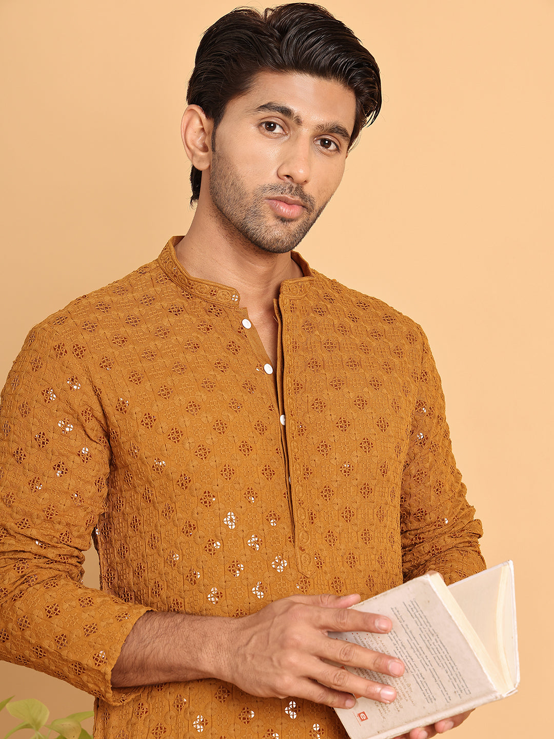 DesiQlo Men Embroidered Kurta Pyjama Set - Yellow - JOKP_P_5117Mustard