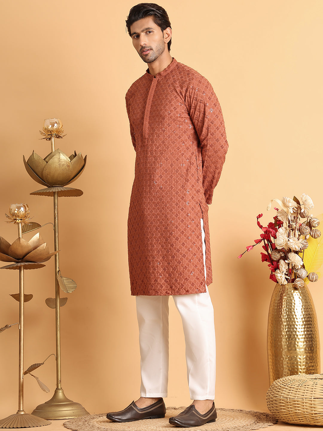 DesiQlo Men Embroidered Kurta Pyjama Set - Red - JOKP_P_5117Rust_S